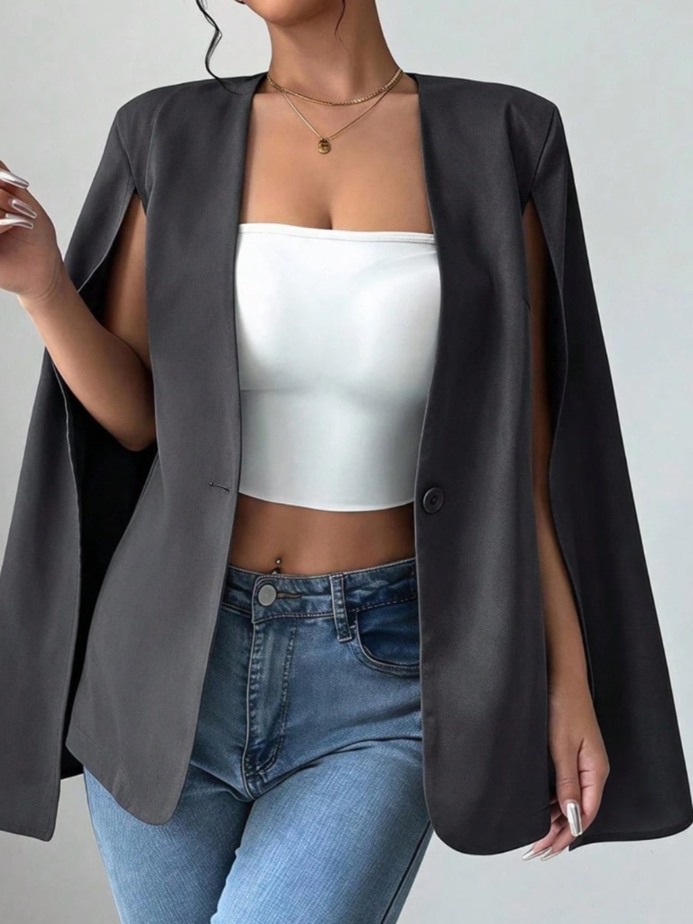 Classic Solid Open Front Cape Sleeve Jacket Coat